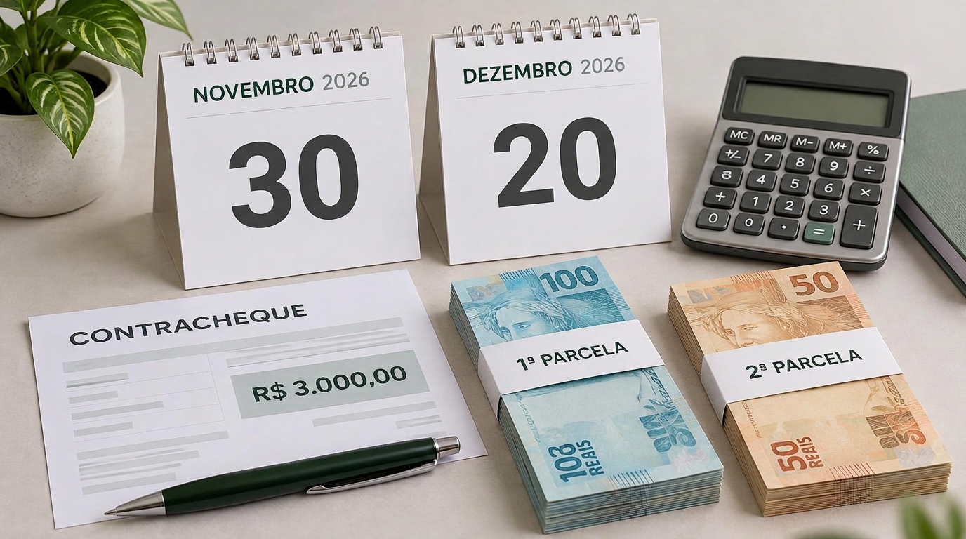 Calendários de novembro e dezembro de 2026, contracheque, calculadora e duas parcelas representando o cálculo do 13º salário