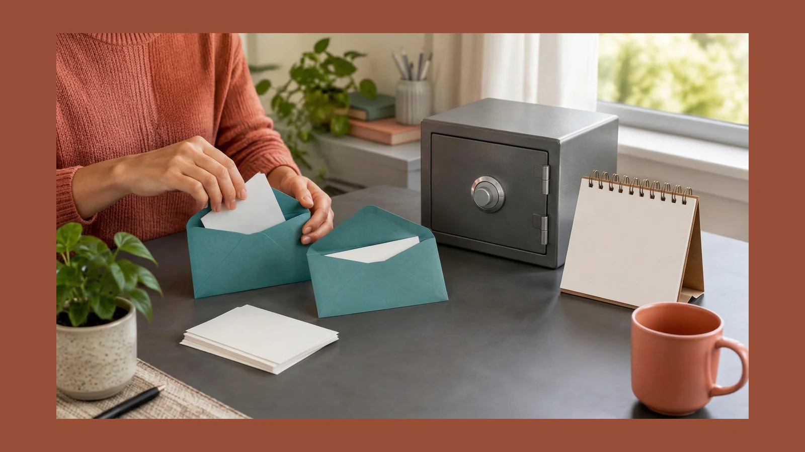 Mãos organizando envelopes sobre uma mesa, ao lado de um calendário bancário sem inscrições e um cofre fechado.