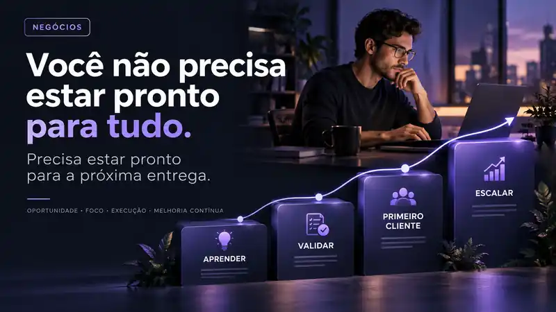 Empreendedor trabalhando no notebook com etapas de aprender, validar, conquistar o primeiro cliente e escalar